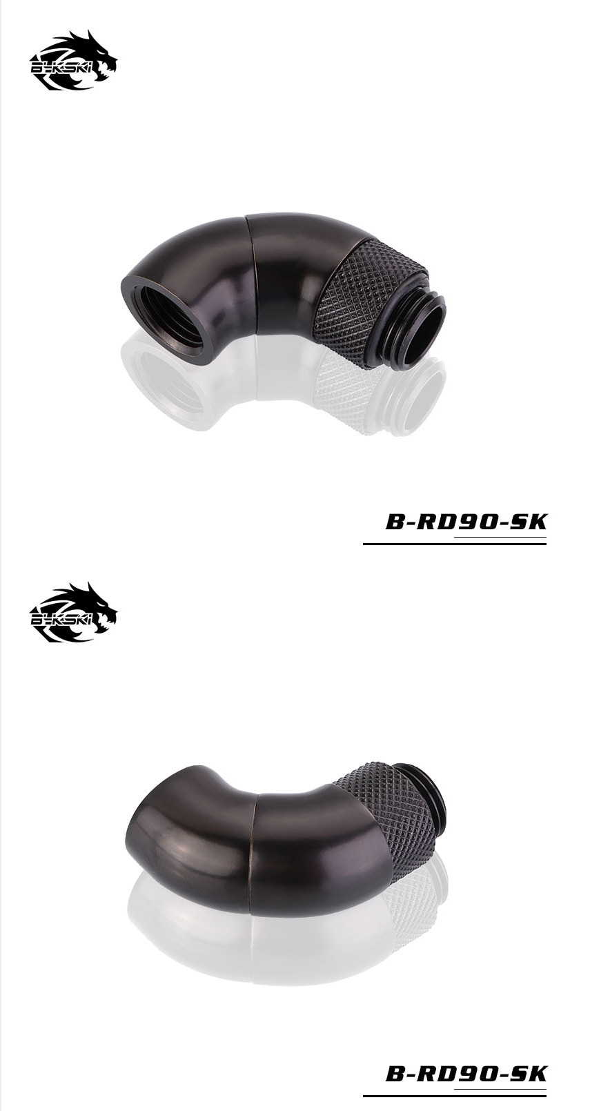A large marketing image providing additional information about the product Bykski G1/4 90 Degree Dual Rotary Extender - Matte Black - Additional alt info not provided