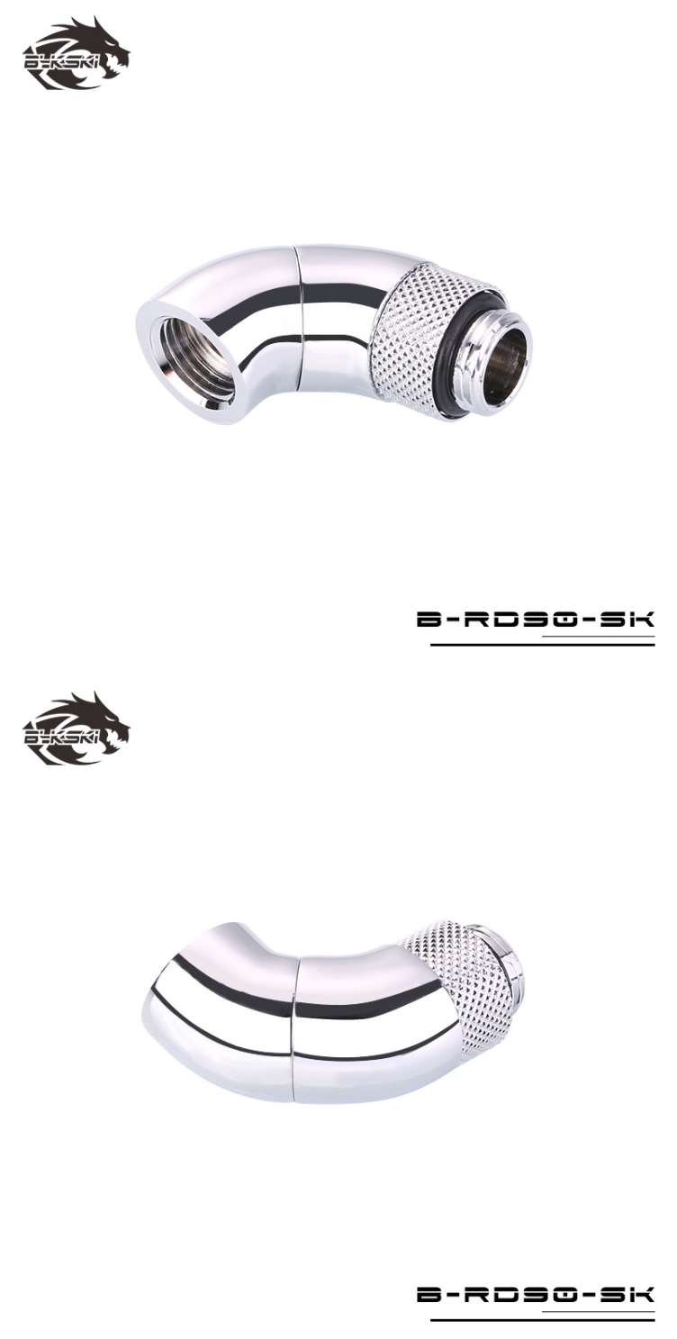 A large marketing image providing additional information about the product Bykski G1/4 90 Degree Dual Rotary Extender - Polished Silver - Additional alt info not provided