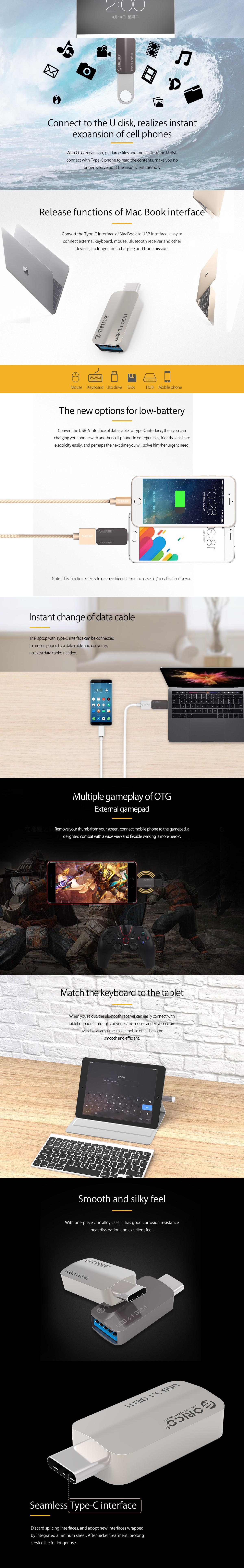 A large marketing image providing additional information about the product ORICO 3A Type-C to USB-A OTG Adapter - Additional alt info not provided