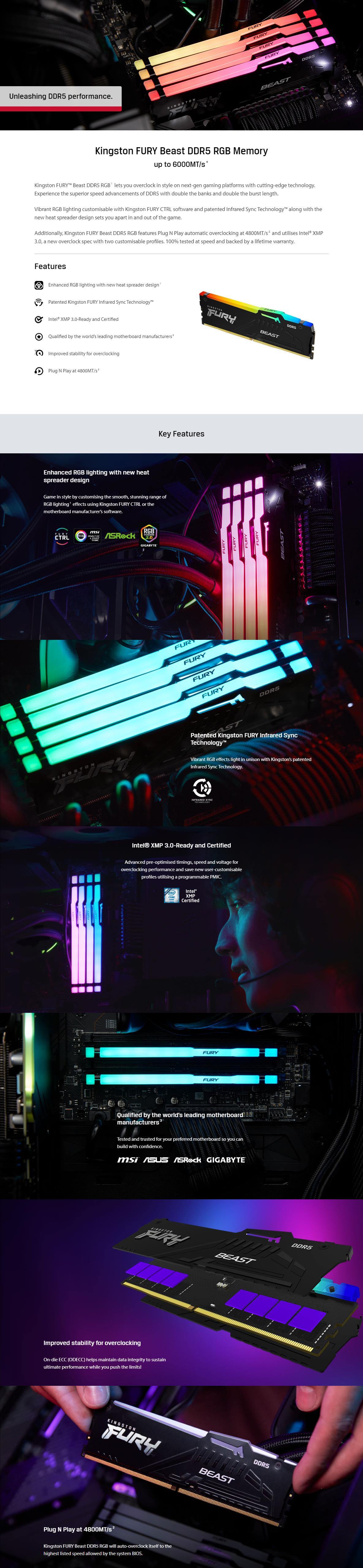 A large marketing image providing additional information about the product Kingston 32GB Kit (2x16GB) DDR5 Fury Beast RGB C40 6000MHz - Black - Additional alt info not provided