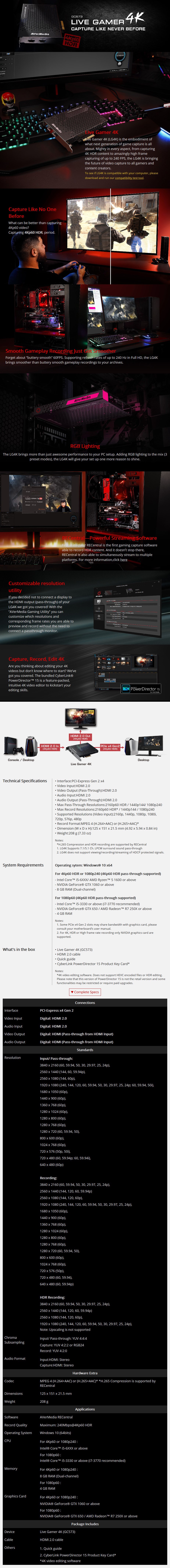 A large marketing image providing additional information about the product AVerMedia GC573 Live Gamer 4K RGB PCI-E Capture Card - Additional alt info not provided