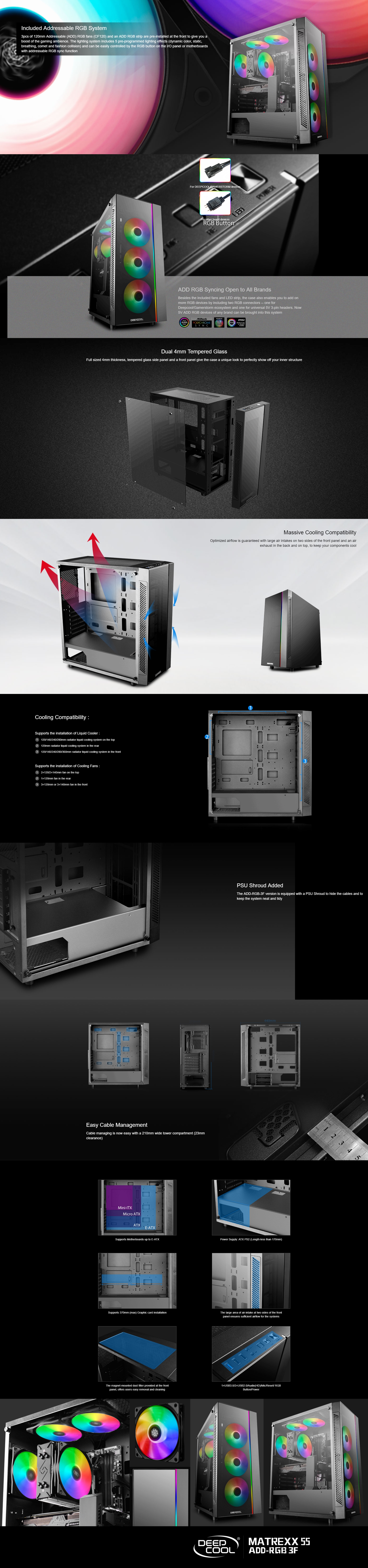 A large marketing image providing additional information about the product Deepcool Matrexx 55 Addressable RGB 3F Mid Tower Case w/ Tempered Glass Side Panel - Additional alt info not provided