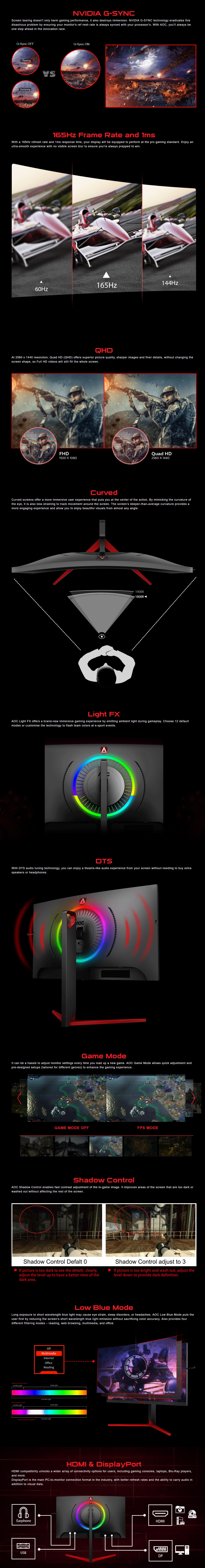 A large marketing image providing additional information about the product AOC AGON AG273QCG 27" WQHD G-SYNC Curved 165Hz 1MS LED Gaming Monitor - Additional alt info not provided
