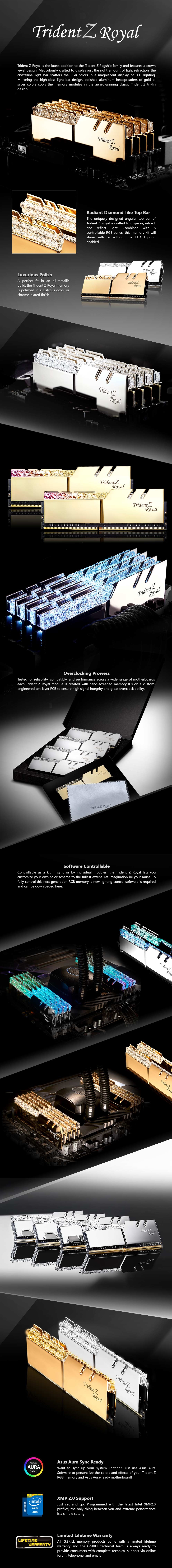 A large marketing image providing additional information about the product G.Skill 16GB Kit (2x8GB) DDR4 Trident Z Royal Silver RGB C16 3200Mhz - Additional alt info not provided