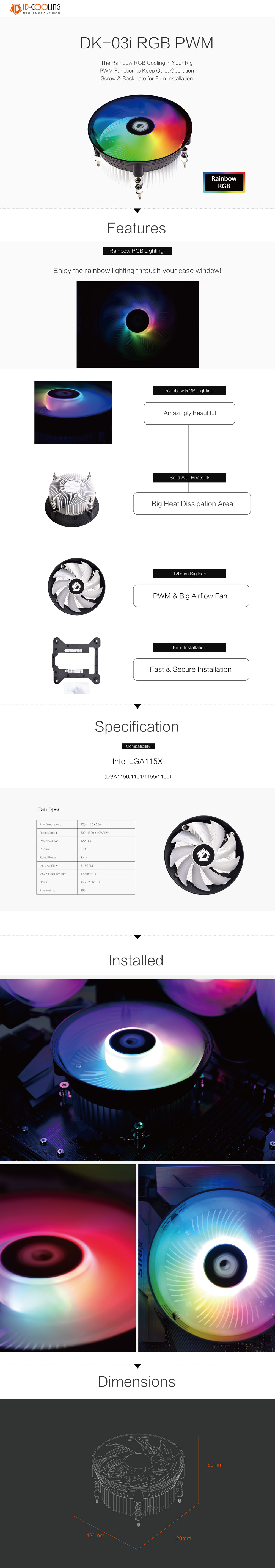 A large marketing image providing additional information about the product ID-COOLING Denmark Series DK-03i RGB PWM Intel CPU Cooler - Additional alt info not provided