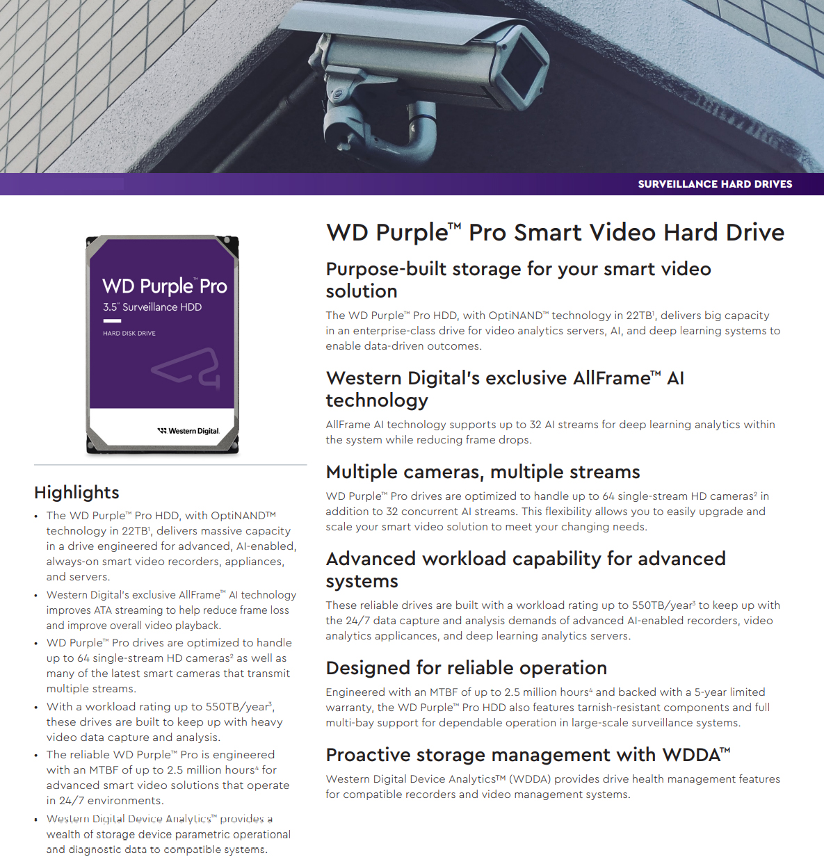 A large marketing image providing additional information about the product WD Purple Pro 3.5" Surveillance HDD - 22TB 512MB - Additional alt info not provided