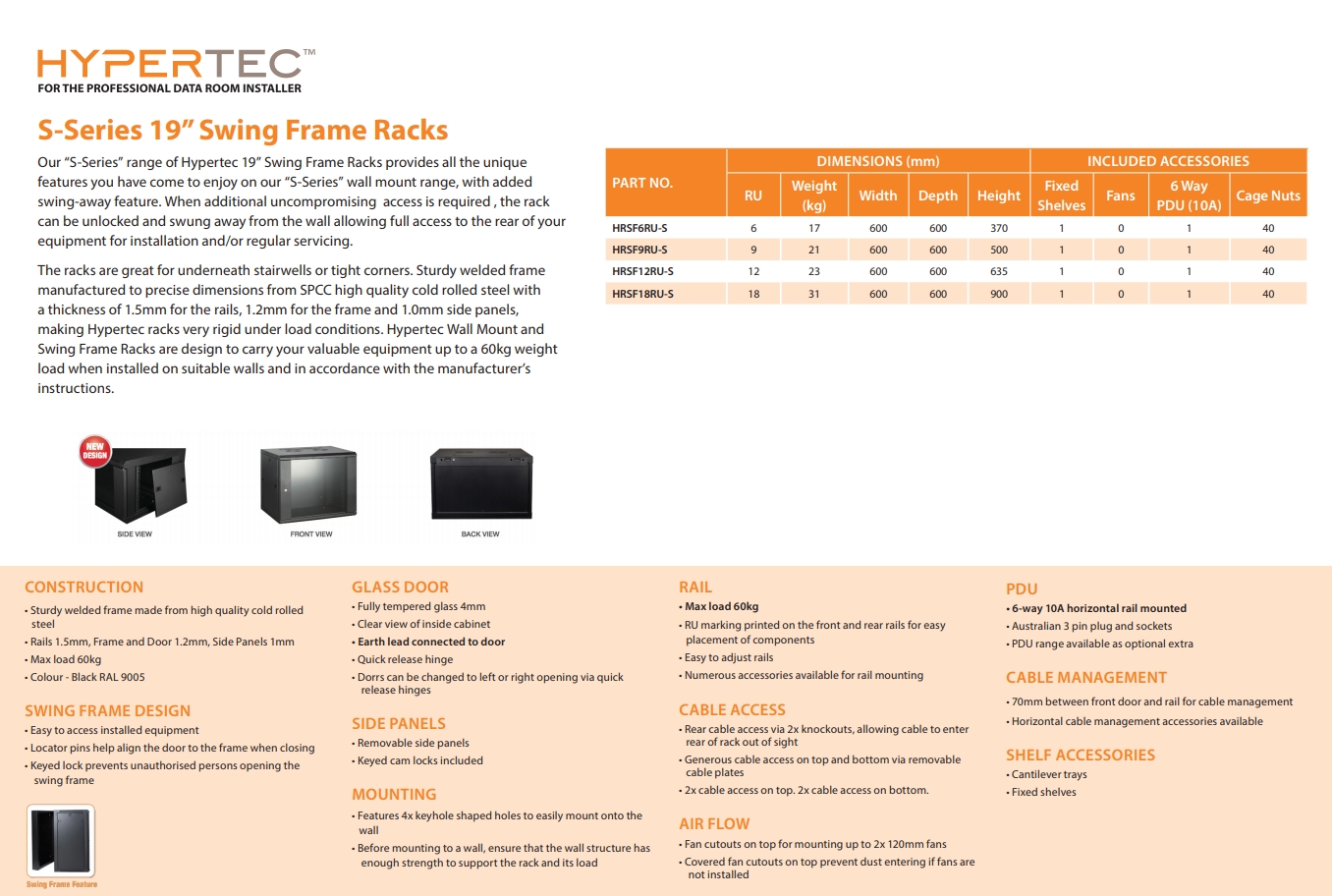 A large marketing image providing additional information about the product Hypertec Swing Frame Enclosed 18RU (600W X 600D X 900H) Server Cabinet - Additional alt info not provided