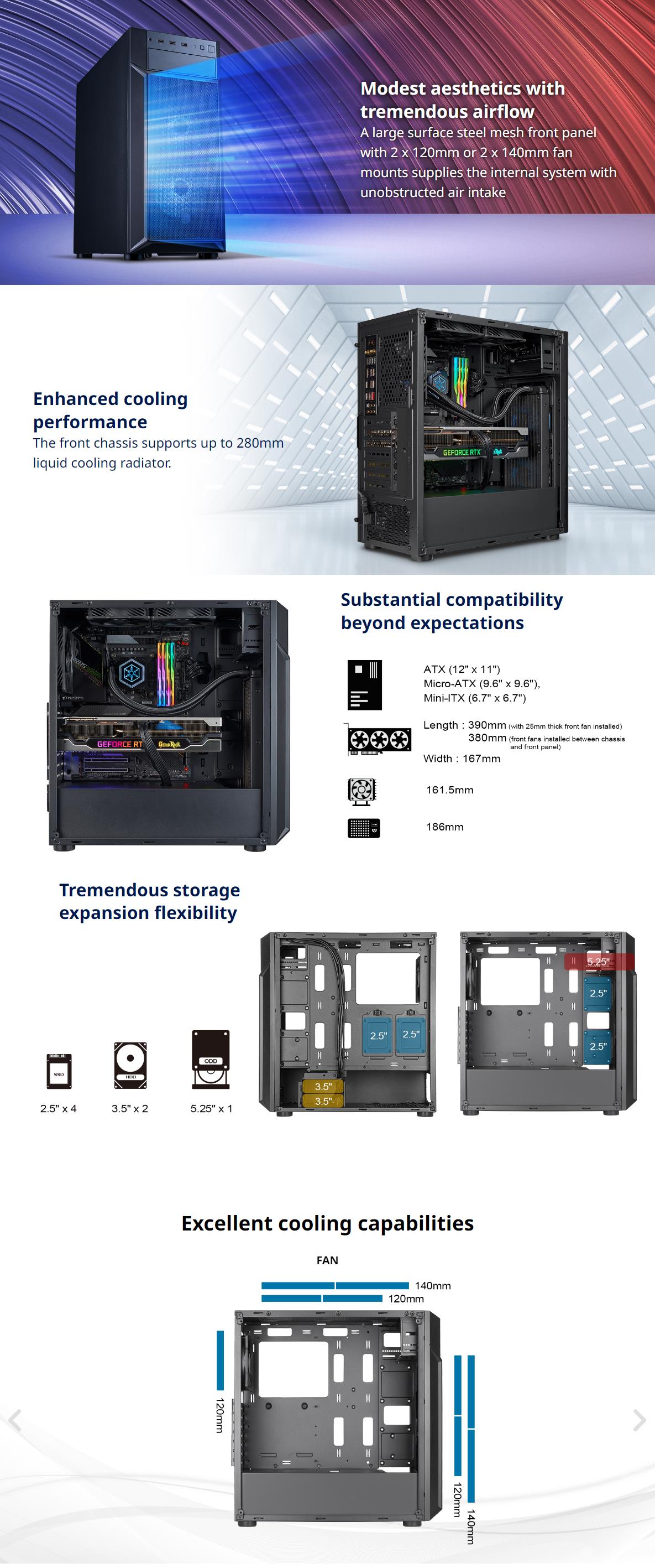 A large marketing image providing additional information about the product SilverStone FARA 513 Mid Tower Case - Black - Additional alt info not provided