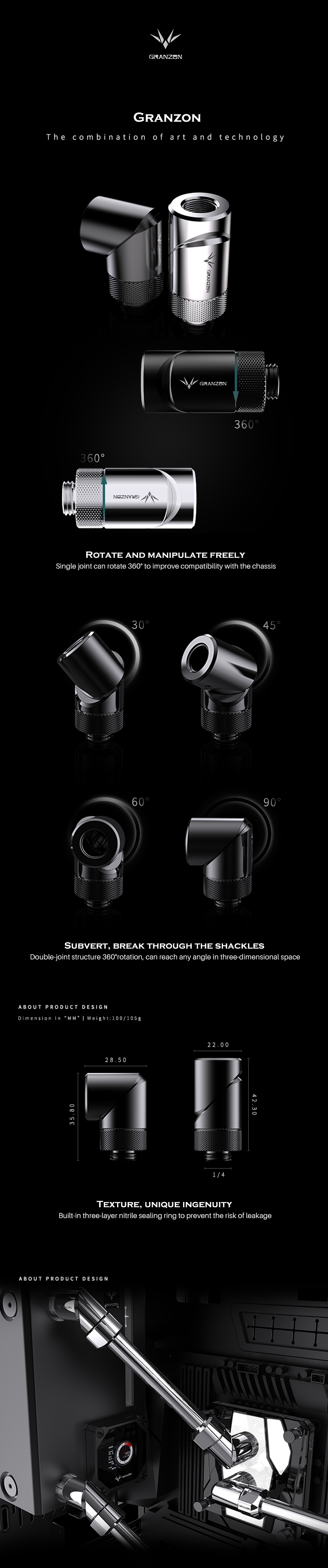 A large marketing image providing additional information about the product Bykski Granzon GD-SK G1/4 Male to Female 0-90 Degree Elbow Fitting - Black - Additional alt info not provided