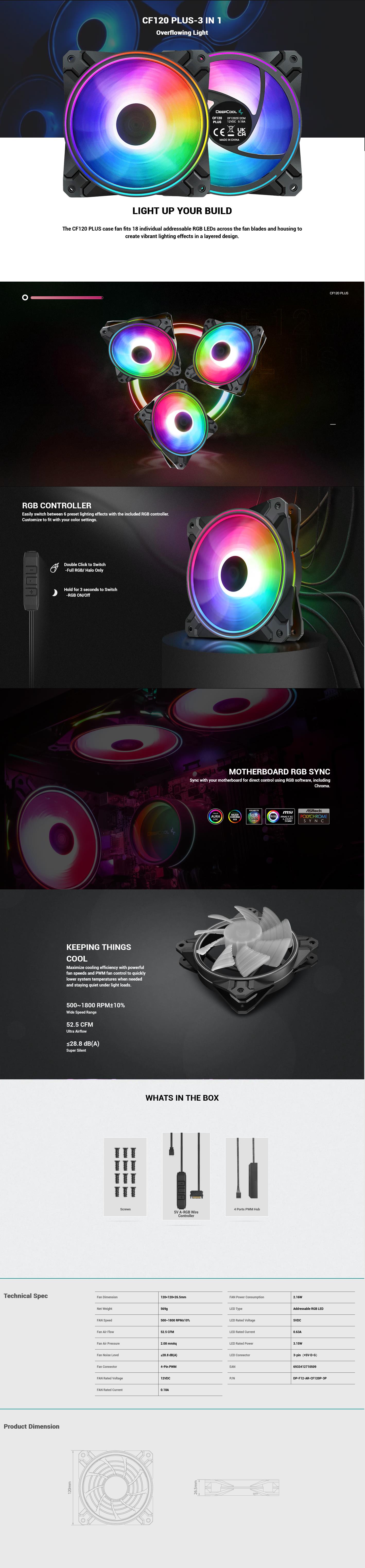 A large marketing image providing additional information about the product DeepCool CF120 Plus A-RGB 120mm Fans - 3 Pack - Additional alt info not provided