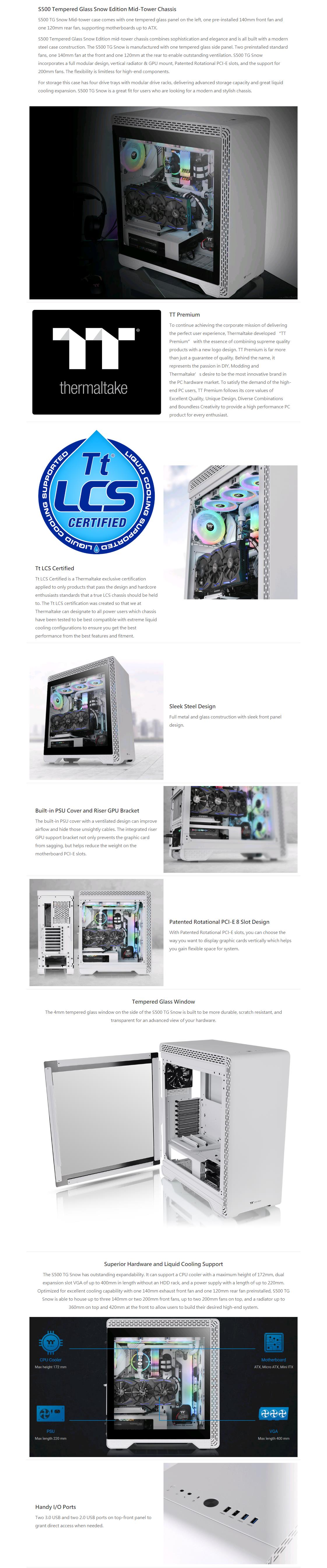 A large marketing image providing additional information about the product Thermaltake S500 - Mid Tower Case (Snow) - Additional alt info not provided