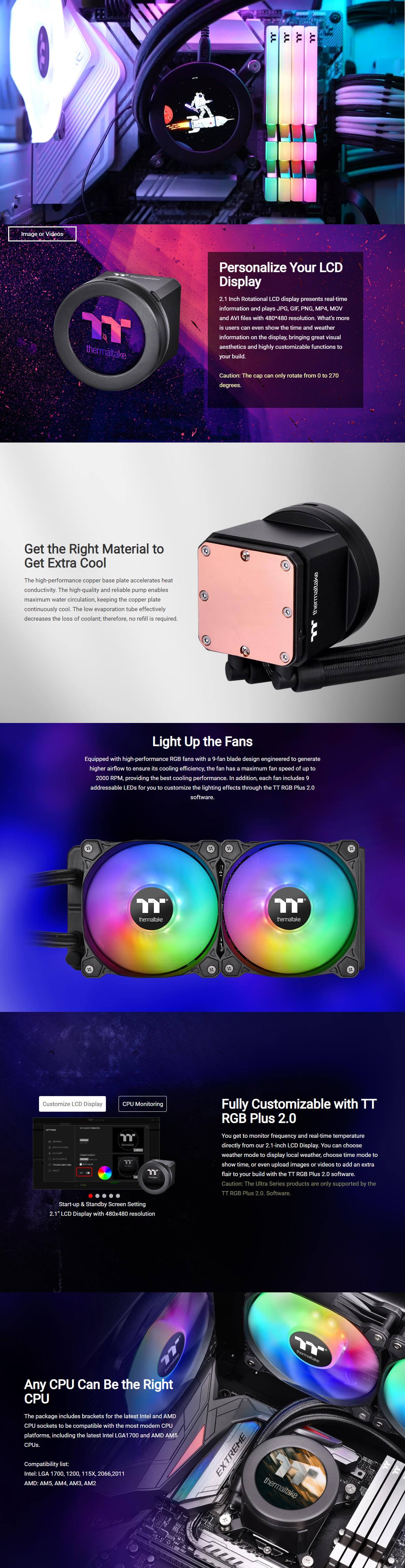 A large marketing image providing additional information about the product Thermaltake Floe Ultra RGB 240 - 240mm AIO Liquid CPU Cooler with LCD Display - Additional alt info not provided