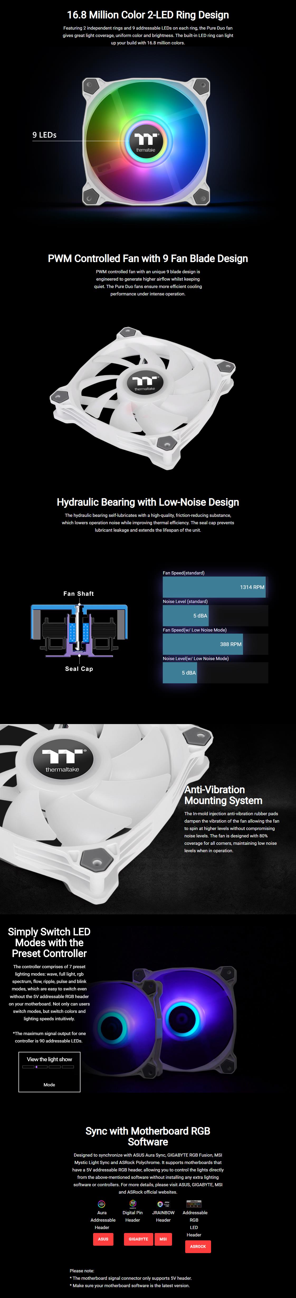 A large marketing image providing additional information about the product Thermaltake Pure Duo 14 ARGB - 140mm Cooling Fan (2 Pack, White) - Additional alt info not provided