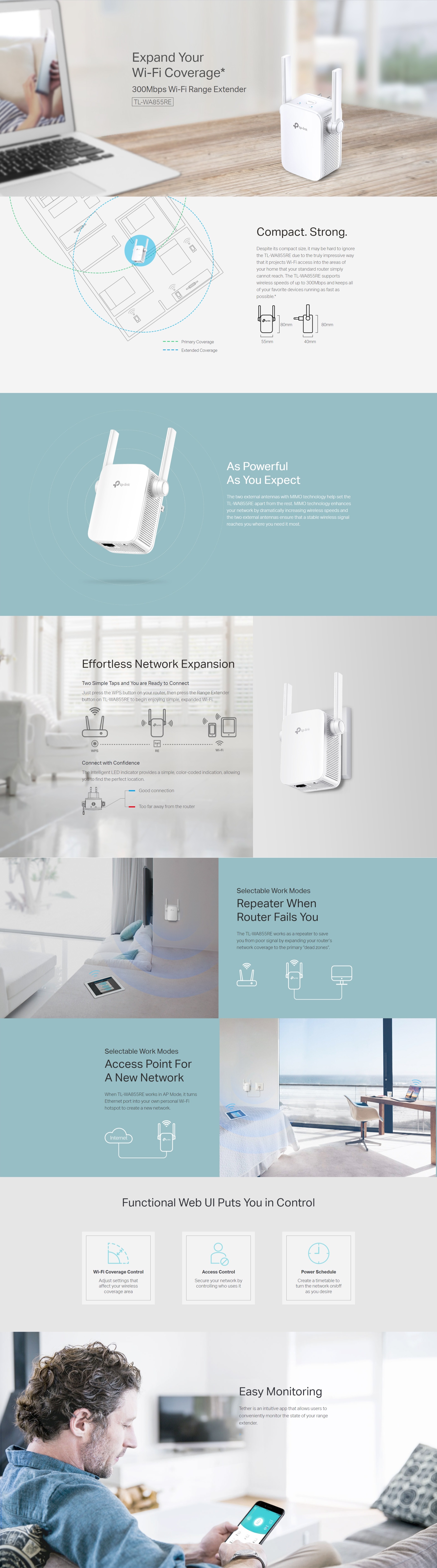 A large marketing image providing additional information about the product TP-Link WA855RE 300Mbps Wi-Fi Range Extender - Additional alt info not provided