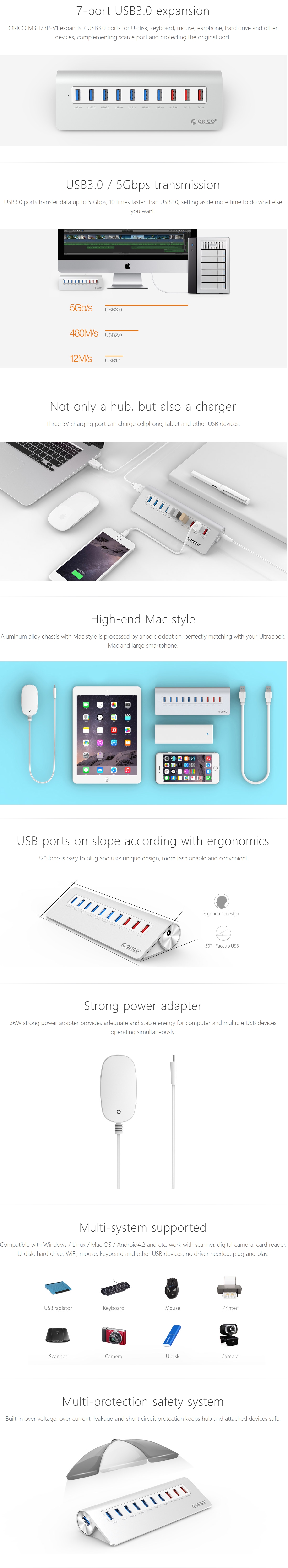 A large marketing image providing additional information about the product ORICO Aluminium 7 Port USB3.0 Hub with 3 Charging Port - Silver - Additional alt info not provided