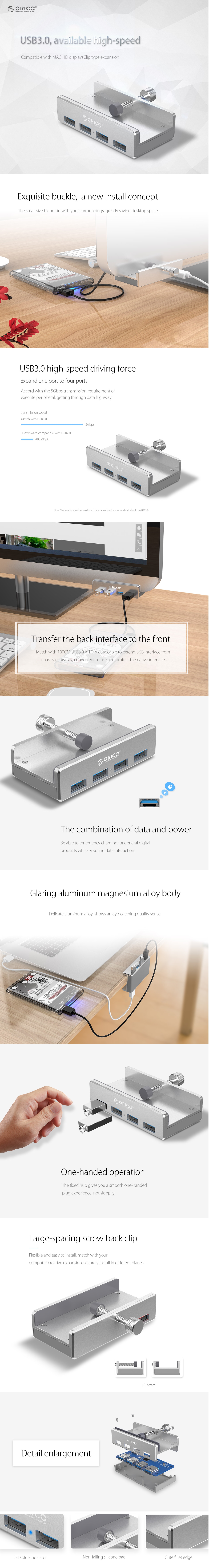 A large marketing image providing additional information about the product ORICO 4 Port USB 3.0 Clip-Type Hub - Additional alt info not provided
