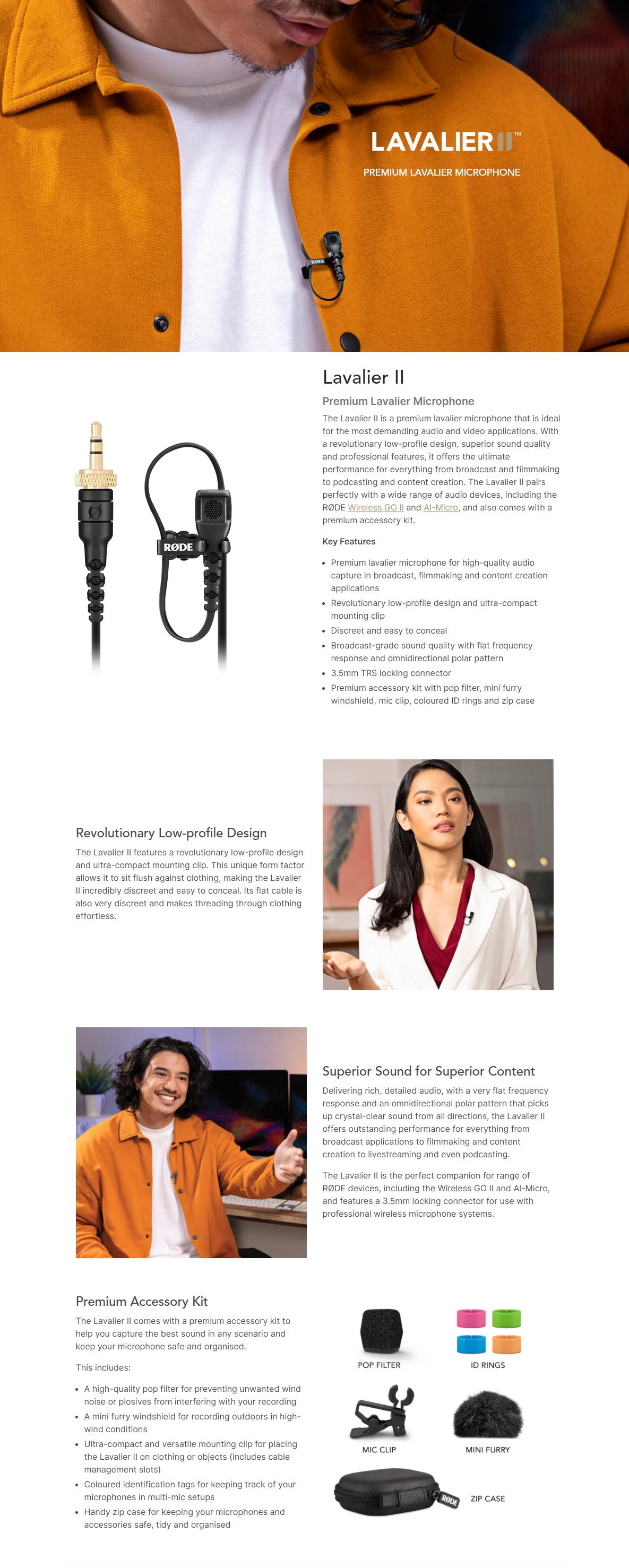 A large marketing image providing additional information about the product RODE Lavalier II Premium Lavalier Microphone - Additional alt info not provided