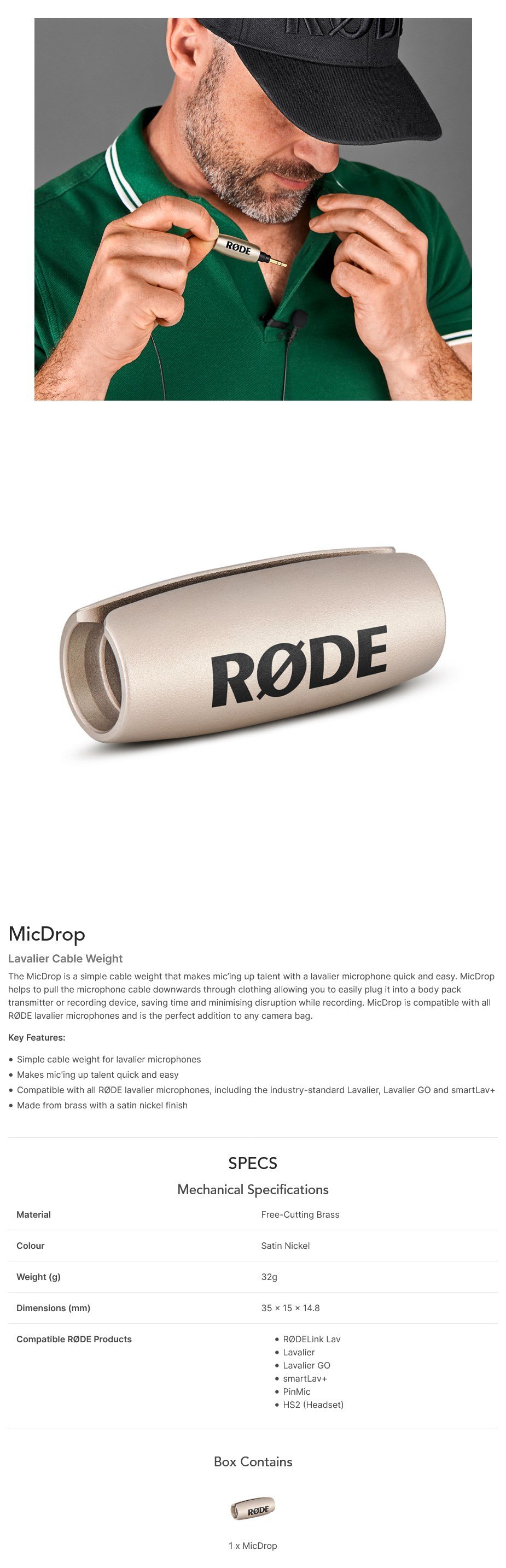 A large marketing image providing additional information about the product RODE MicDrop Lavalier Cable Weight - Additional alt info not provided