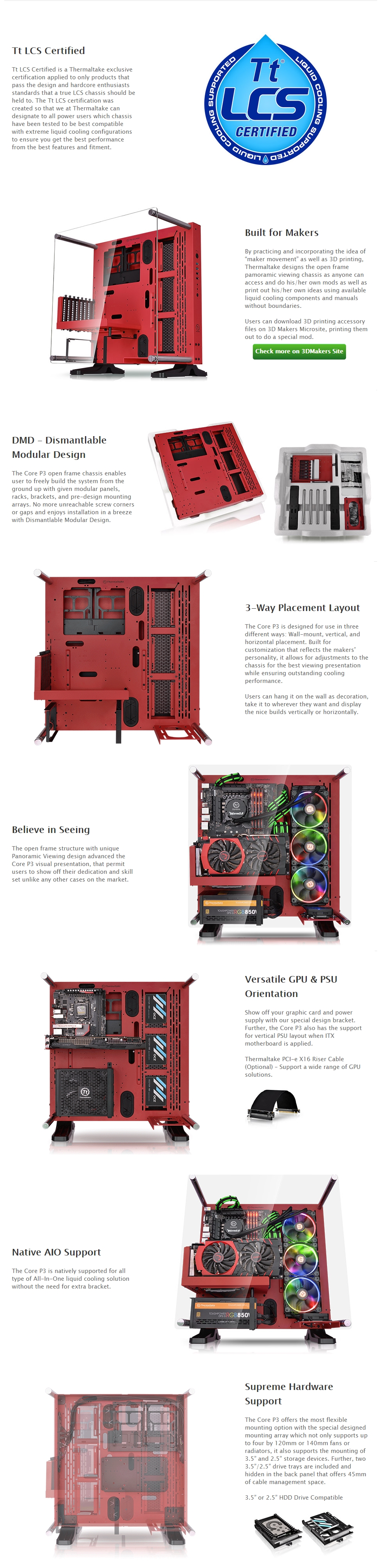 A large marketing image providing additional information about the product Thermaltake Core P3 Open Frame Case - Red  - Additional alt info not provided