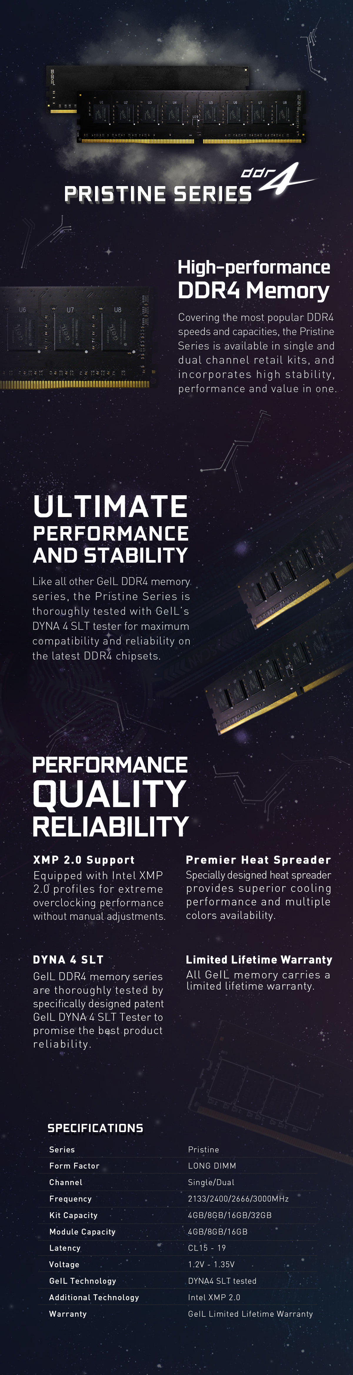 A large marketing image providing additional information about the product GeIL 16GB Single (1x16GB) DDR4 Pristine C19 2666MHz - Black - Additional alt info not provided