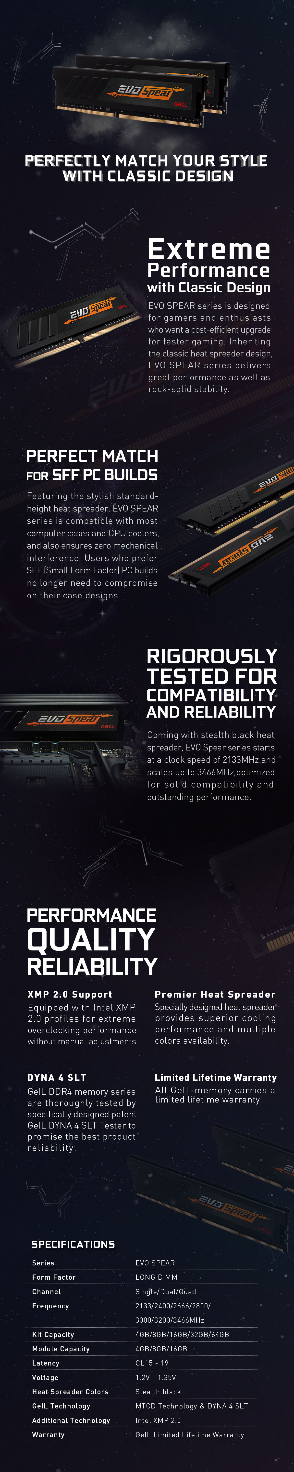 A large marketing image providing additional information about the product GeIL EVO SPEAR 16GB Kit (2x8GB) DDR4 C16 2400MHz - Additional alt info not provided