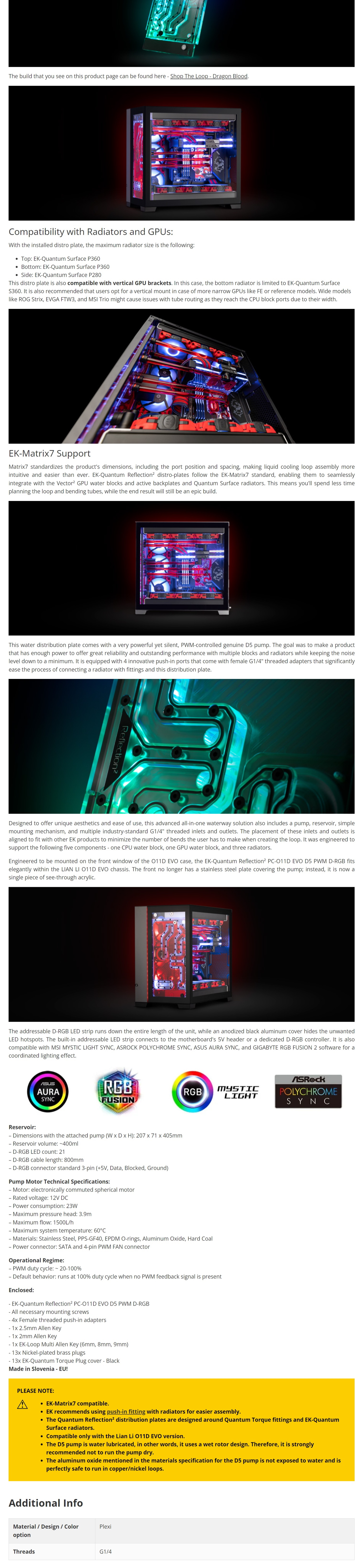 A large marketing image providing additional information about the product EK Quantum Reflection2 PC-O11D EVO D5 PWM D-RGB Plexi - Distribution Block - Additional alt info not provided