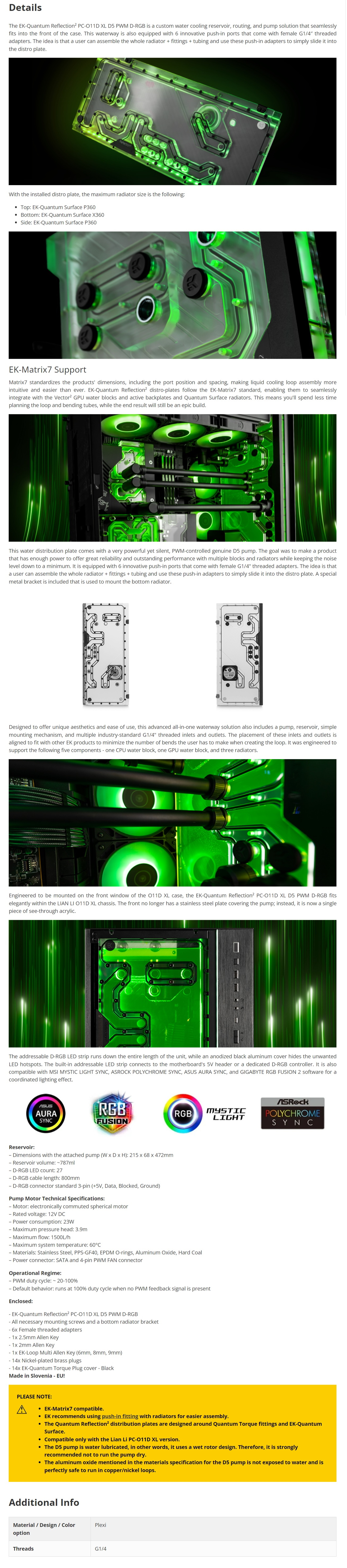A large marketing image providing additional information about the product EK Quantum Reflection2 PC-O11D XL D5 PWM D-RGB Plexi - Distribution Block - Additional alt info not provided