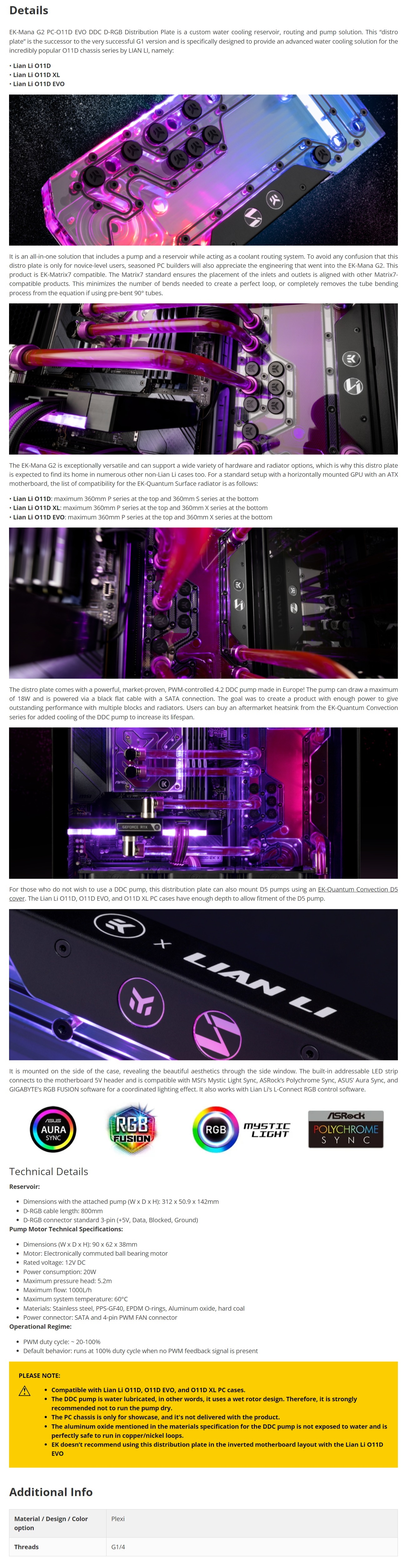 A large marketing image providing additional information about the product EK Mana G2 PC-O11D EVO DDC D-RGB Distribution Plate - Additional alt info not provided