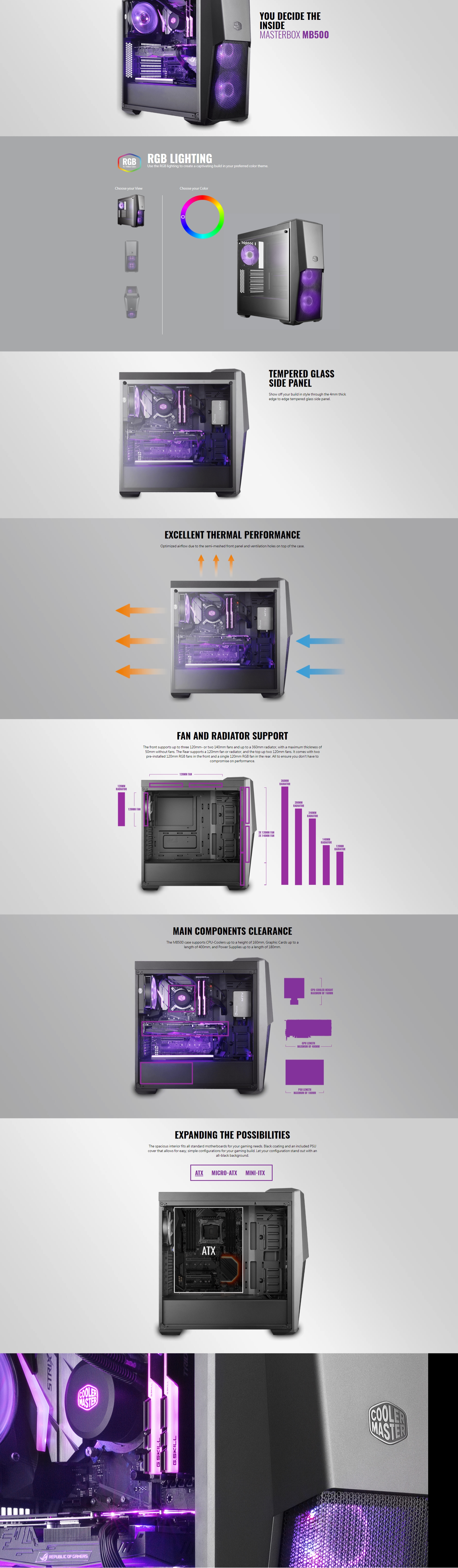 A large marketing image providing additional information about the product Cooler Master MasterBox MB500 RGB Mid Tower Case w/Side Panel Window - Additional alt info not provided