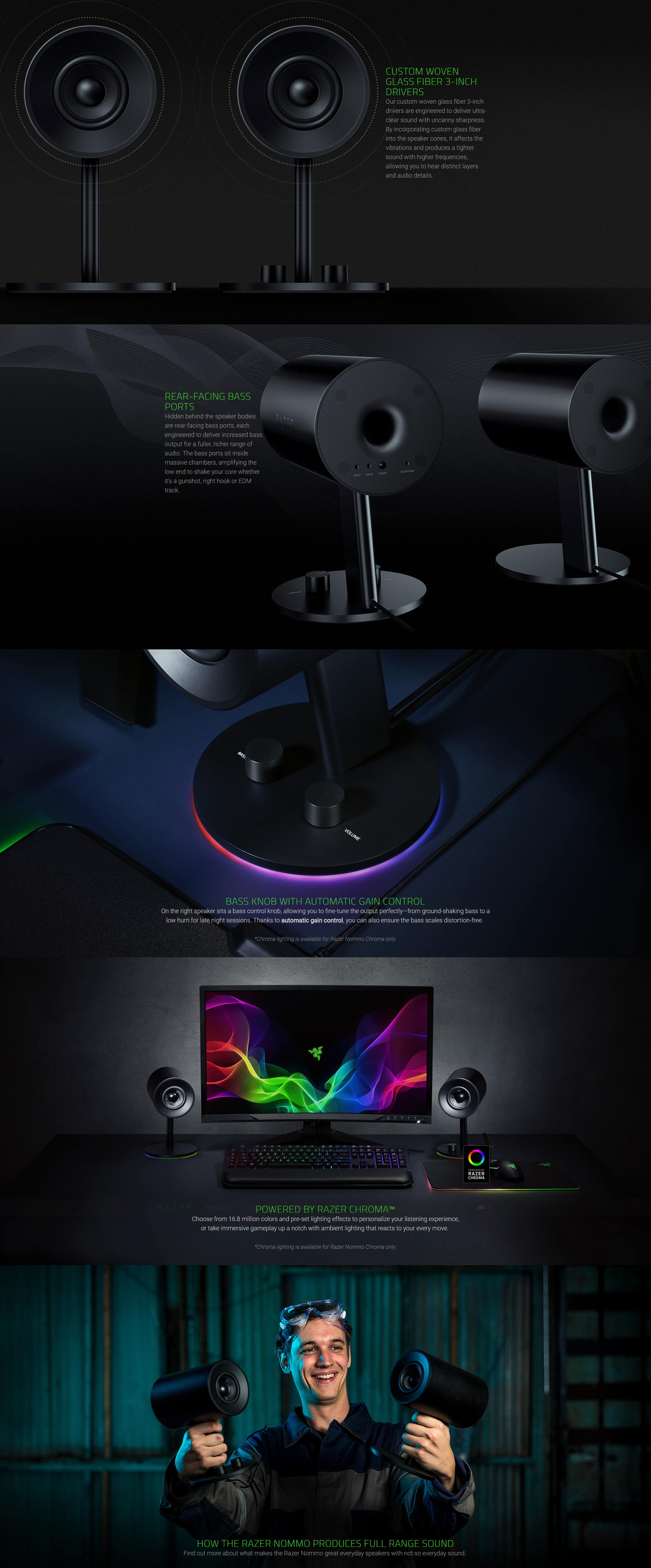 A large marketing image providing additional information about the product Razer Nommo Stereo Gaming Speakers - Additional alt info not provided