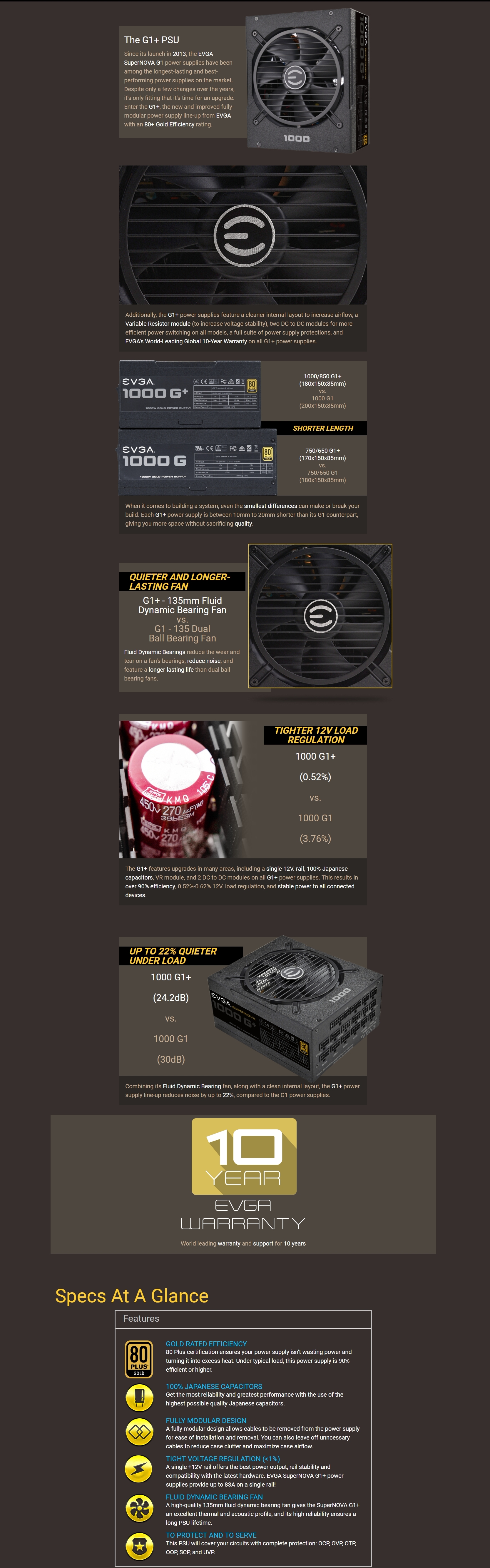 A large marketing image providing additional information about the product eVGA SuperNOVA G1+ 1000W Fully Modular 80PLUS Gold Power Supply - Additional alt info not provided
