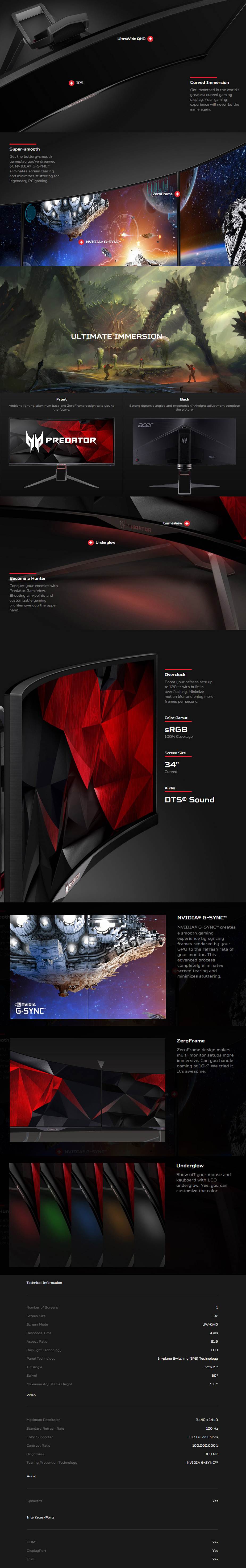 A large marketing image providing additional information about the product Acer Predator X34P 34" Ultrawide QHD G-SYNC Curved 100Hz 4MS IPS LED Gaming Monitor - Additional alt info not provided