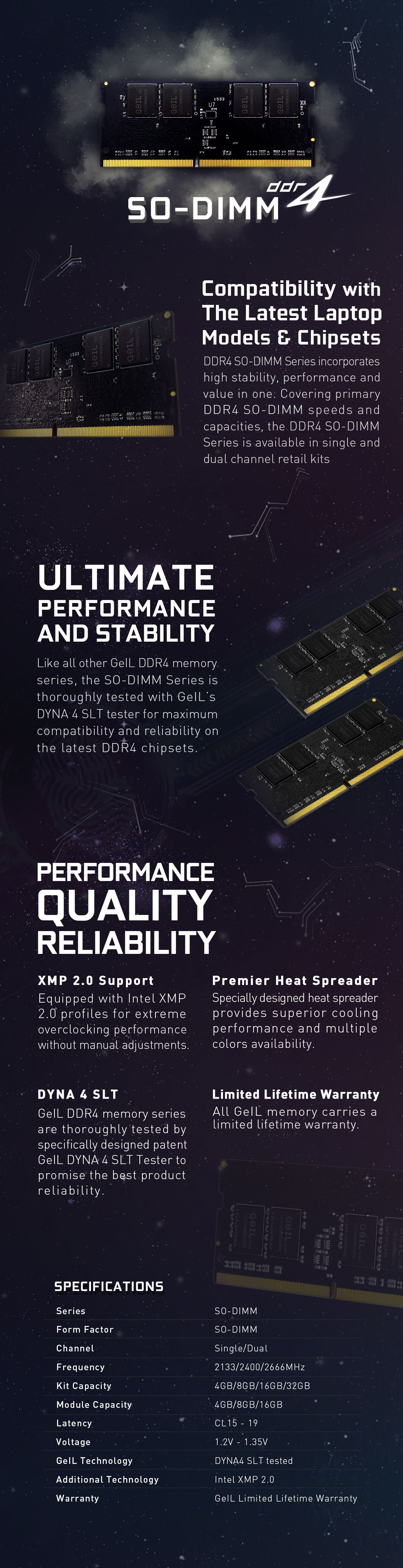 A large marketing image providing additional information about the product GeIL 4GB Single (1x4GB)  DDR4 SO-DIMM 1.2V C17 2400MHz - Black - Additional alt info not provided