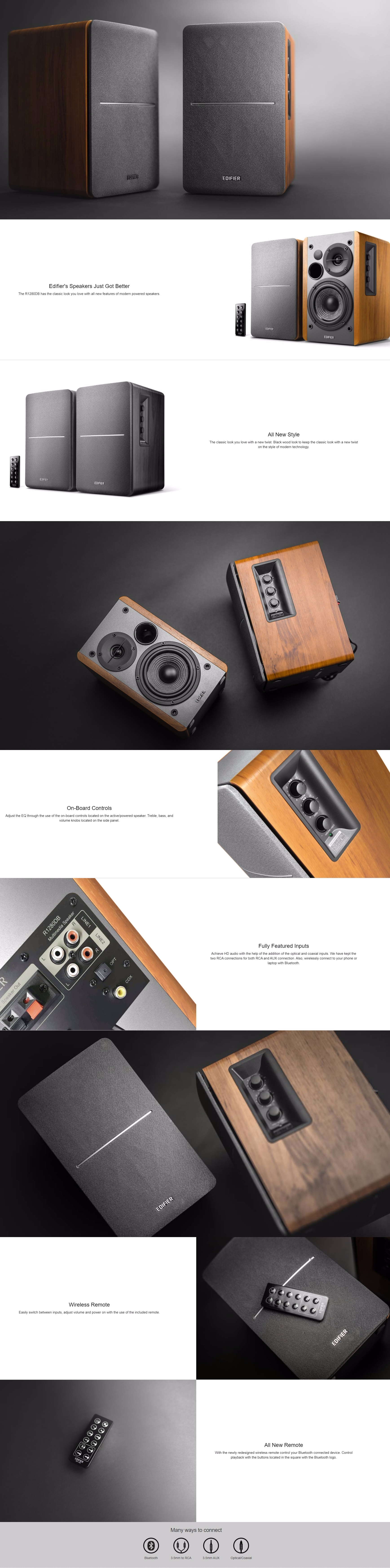 A large marketing image providing additional information about the product Edifier R1280DB 2.0 Lifestyle Studio Speakers w/ Bluetooth & Optical - Additional alt info not provided