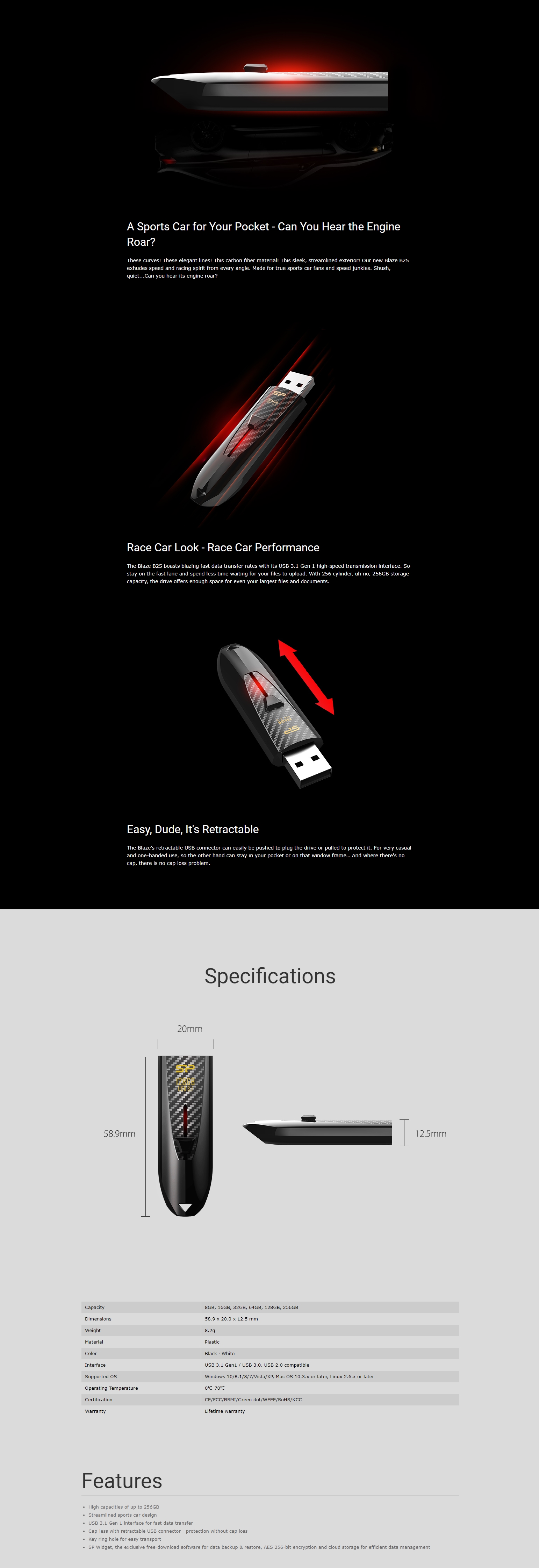 A large marketing image providing additional information about the product Silicon Power Blaze B25 32GB USB3.1 Flash Drive (Black) - Additional alt info not provided
