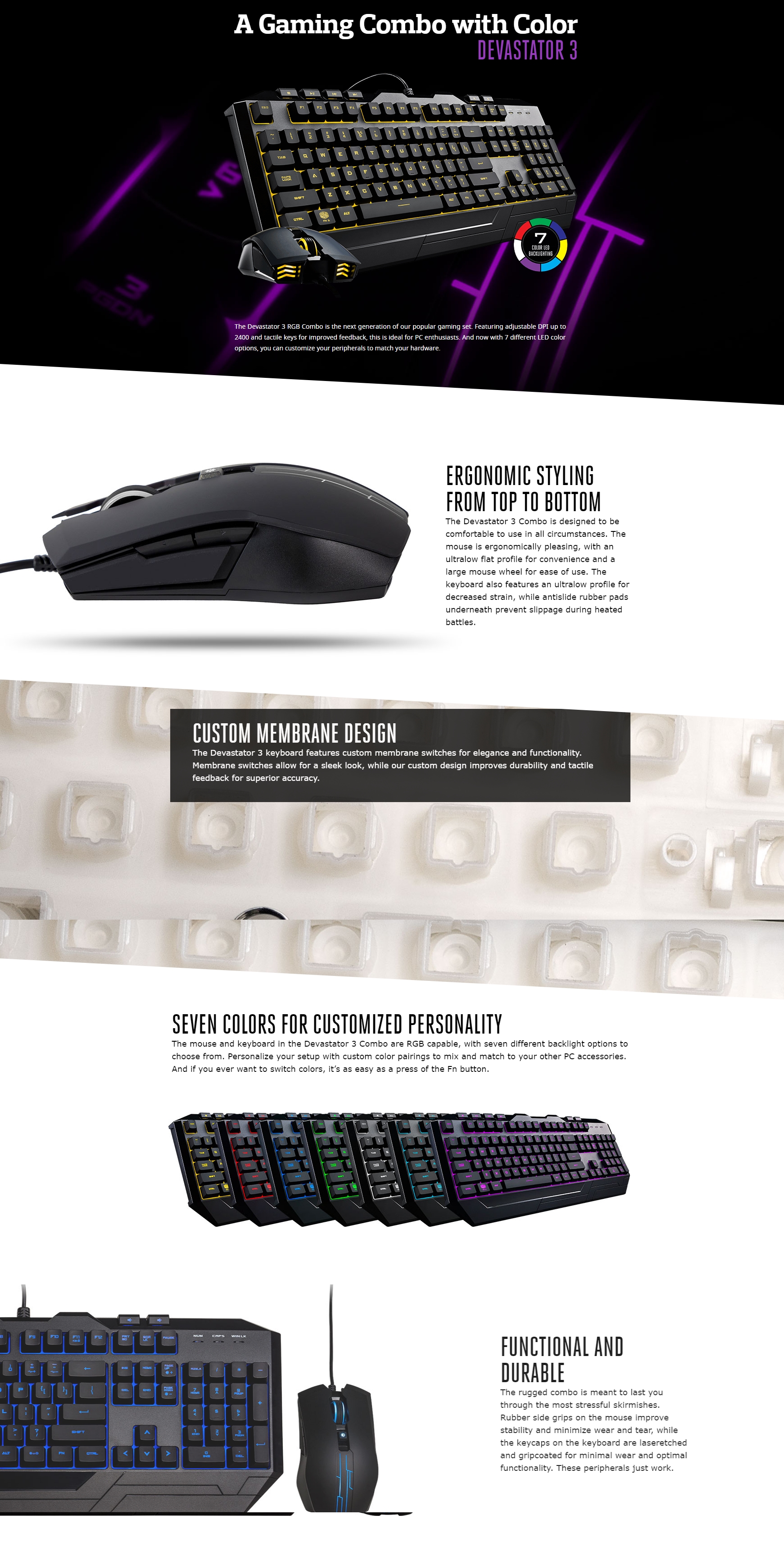 A large marketing image providing additional information about the product Cooler Master Devastator 3 RGB Keyboard and Mouse Combo - Additional alt info not provided