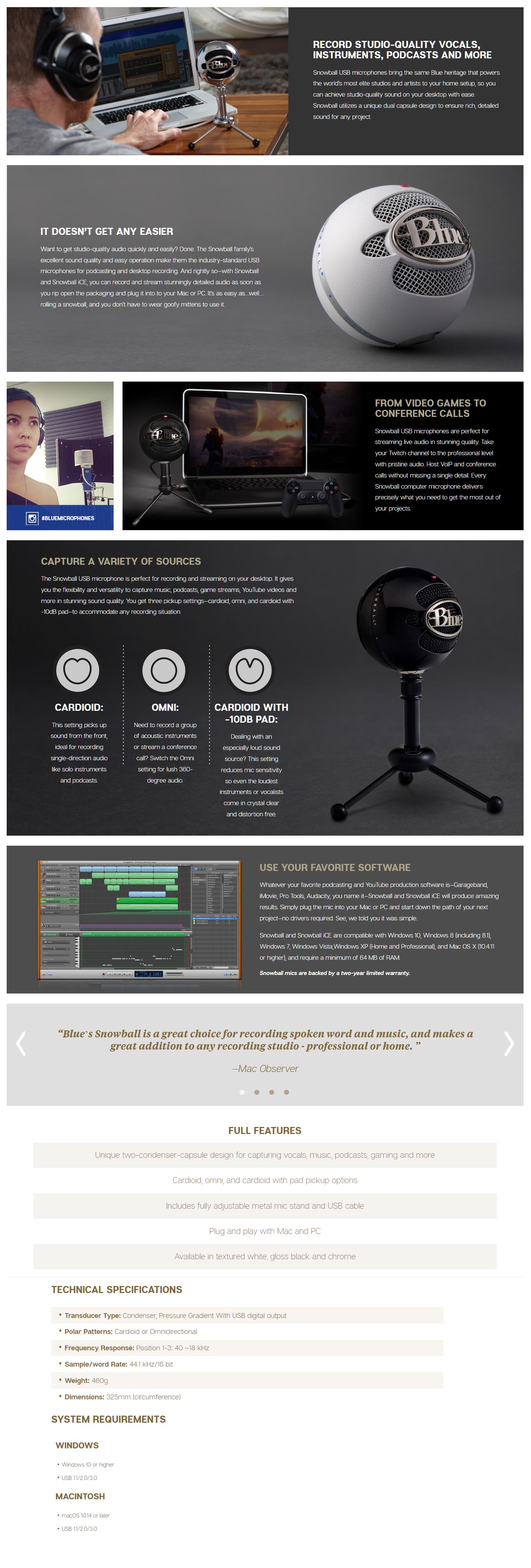 A large marketing image providing additional information about the product Blue Microphones Snowball Classic USB Microphone - White - Additional alt info not provided