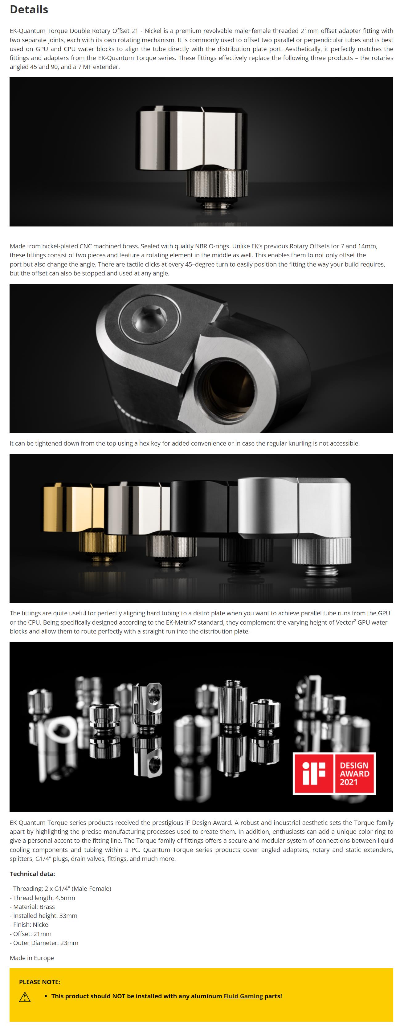 A large marketing image providing additional information about the product EK Quantum Torque Double Rotary Offset 21 - Nickel - Additional alt info not provided