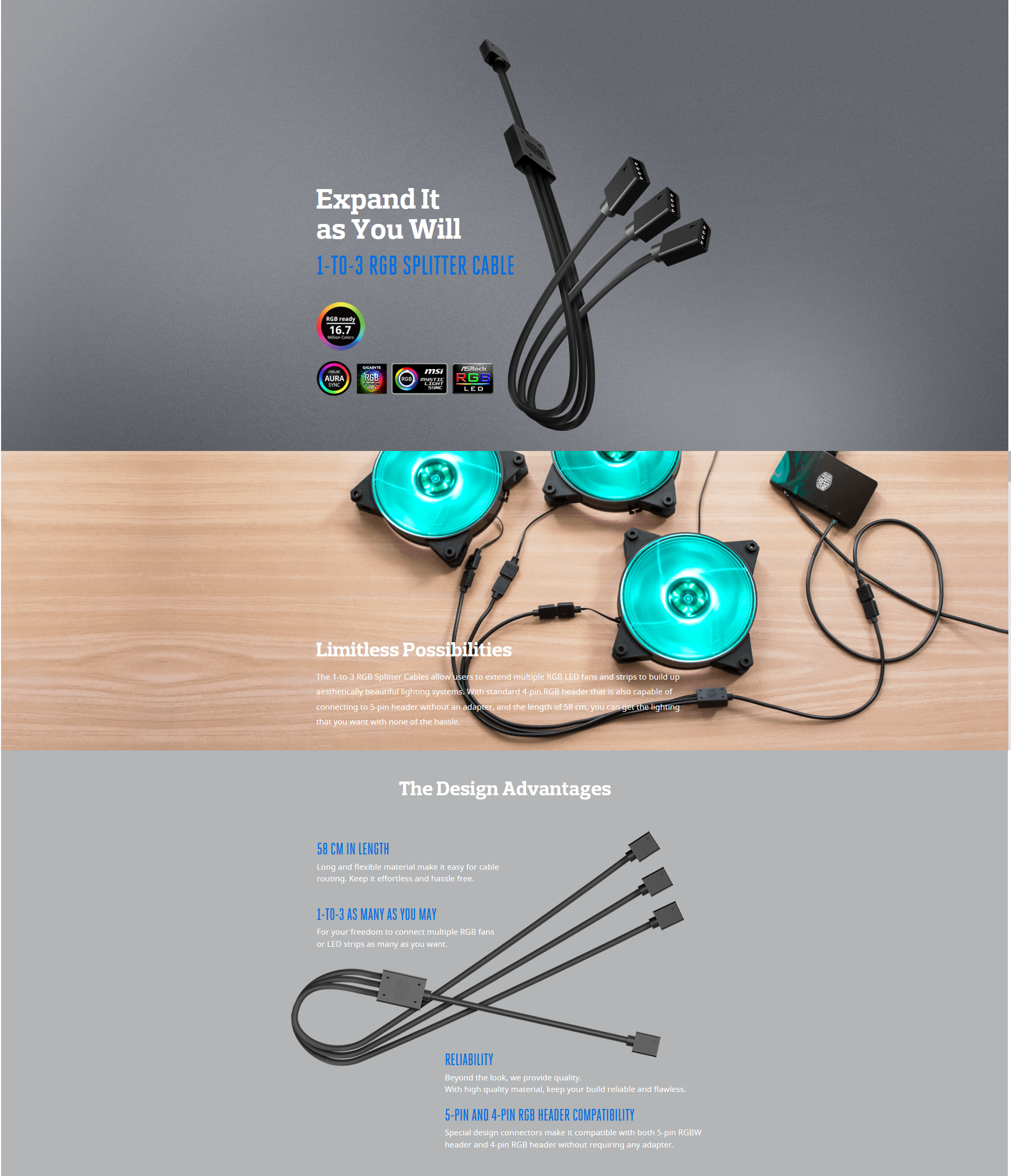 A large marketing image providing additional information about the product Cooler Master RGB Trident Fan Cable (1-to-3) - Additional alt info not provided