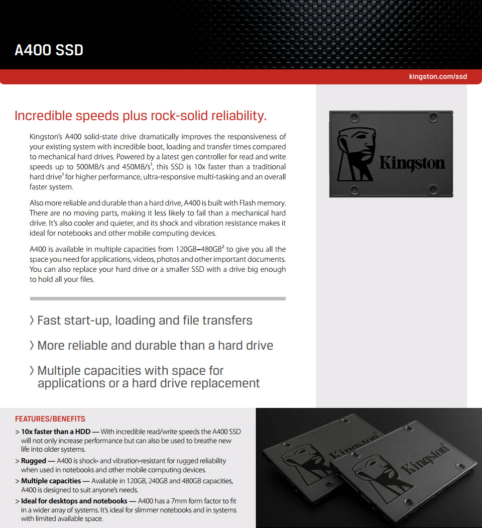 A large marketing image providing additional information about the product Kingston A400 SATA III 2.5" SSD - 480GB - Additional alt info not provided