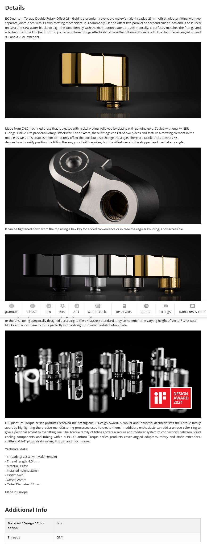 A large marketing image providing additional information about the product EK-Quantum Torque Double Rotary Offset 28 - Gold - Additional alt info not provided