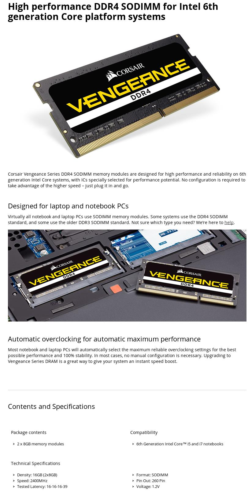A large marketing image providing additional information about the product Corsair 16GB Kit (2x8GB) DDR4 Vengeance SODIMM C16 2400MHz - Additional alt info not provided