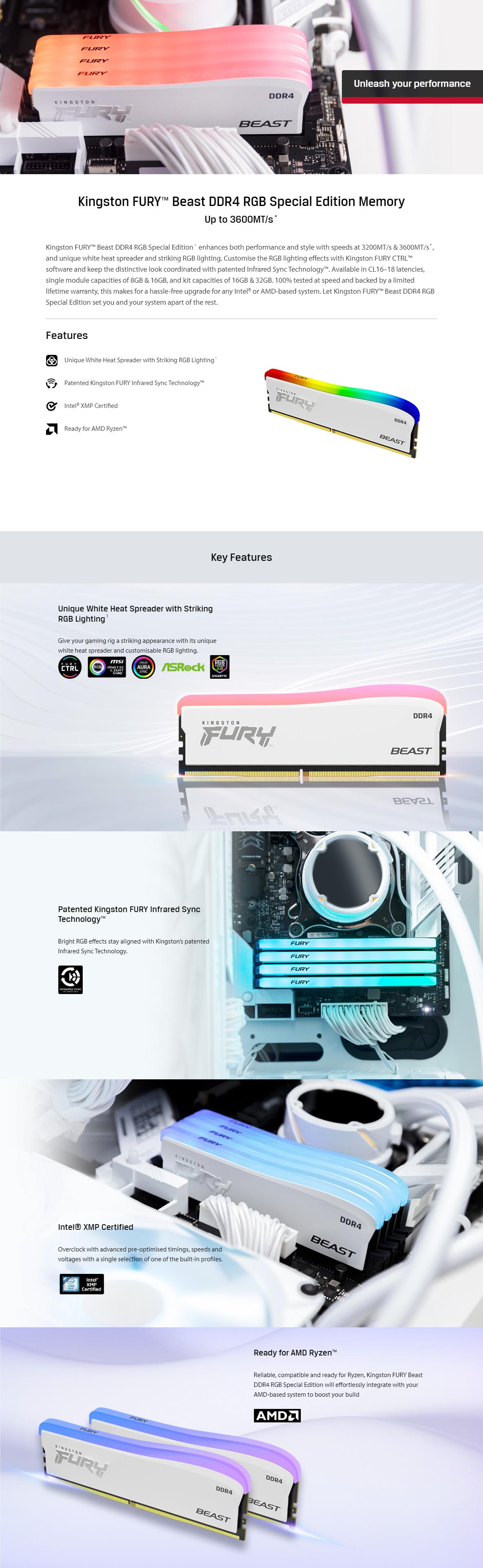 A large marketing image providing additional information about the product Kingston 16GB Kit (2x8GB) DDR4 Fury Beast RGB SE C17 3600MHz - White - Additional alt info not provided