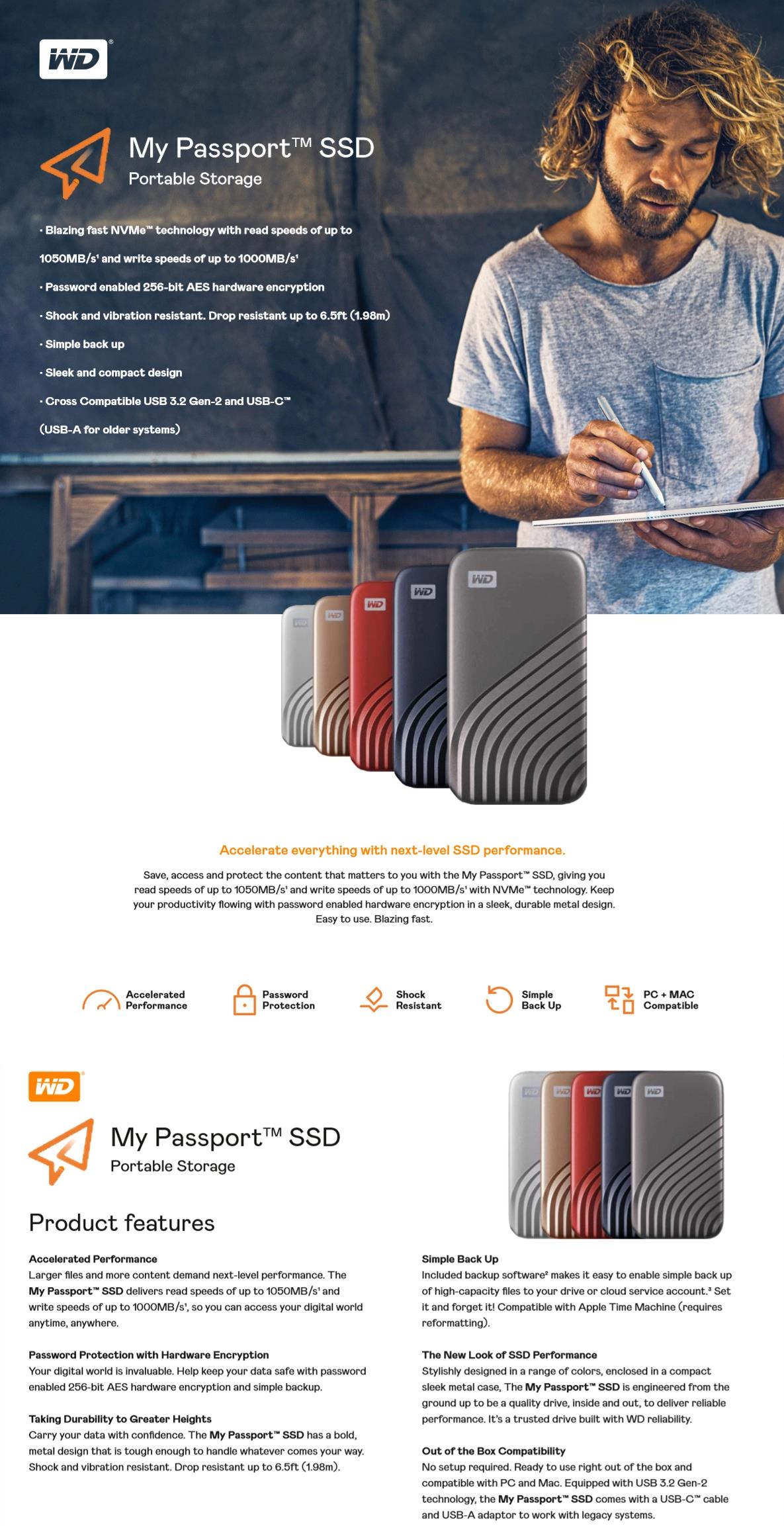 A large marketing image providing additional information about the product WD My Passport Portable SSD - 2TB  Grey - Additional alt info not provided