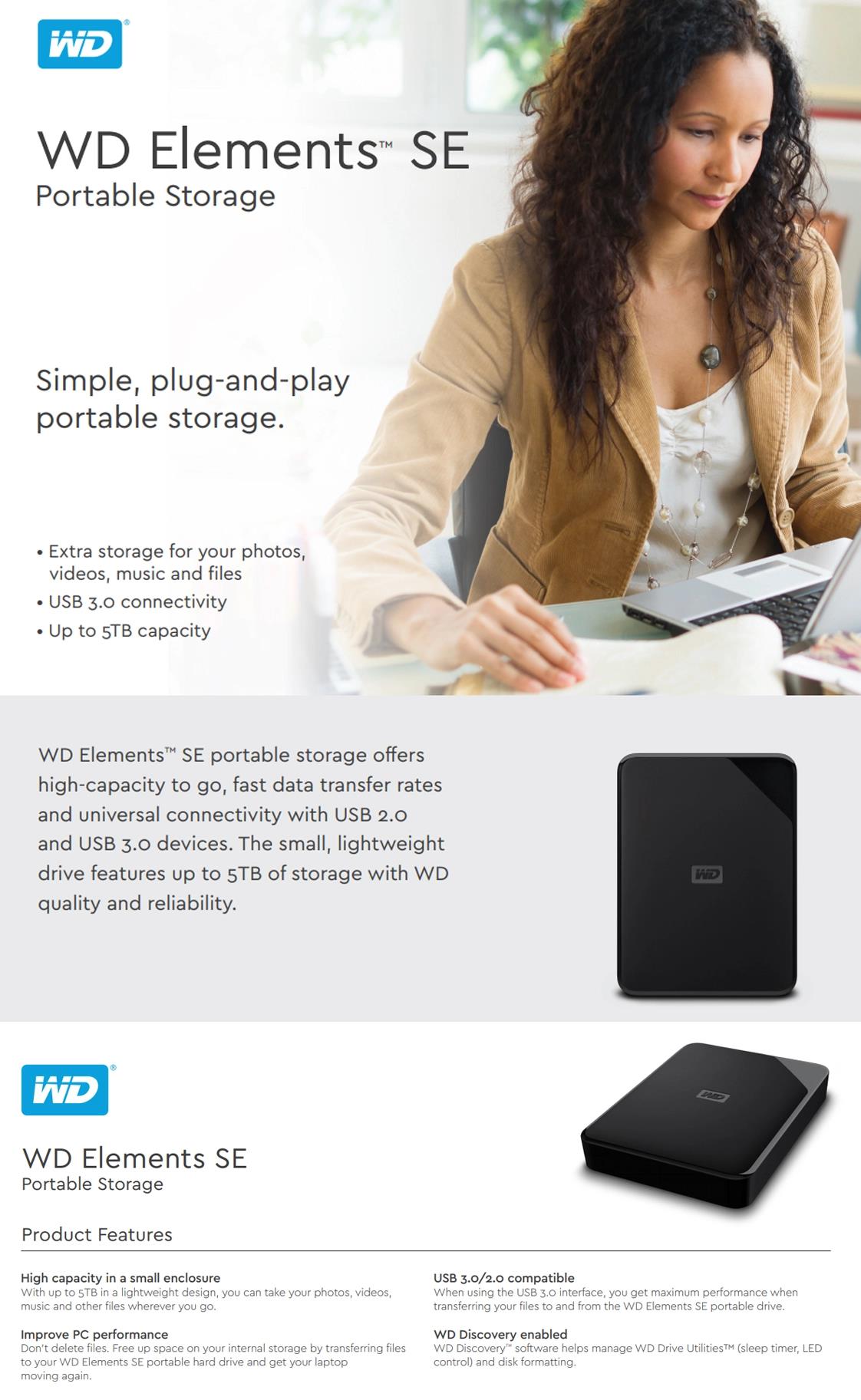 A large marketing image providing additional information about the product WD Elements SE Portable HDD - 5TB Black  - Additional alt info not provided