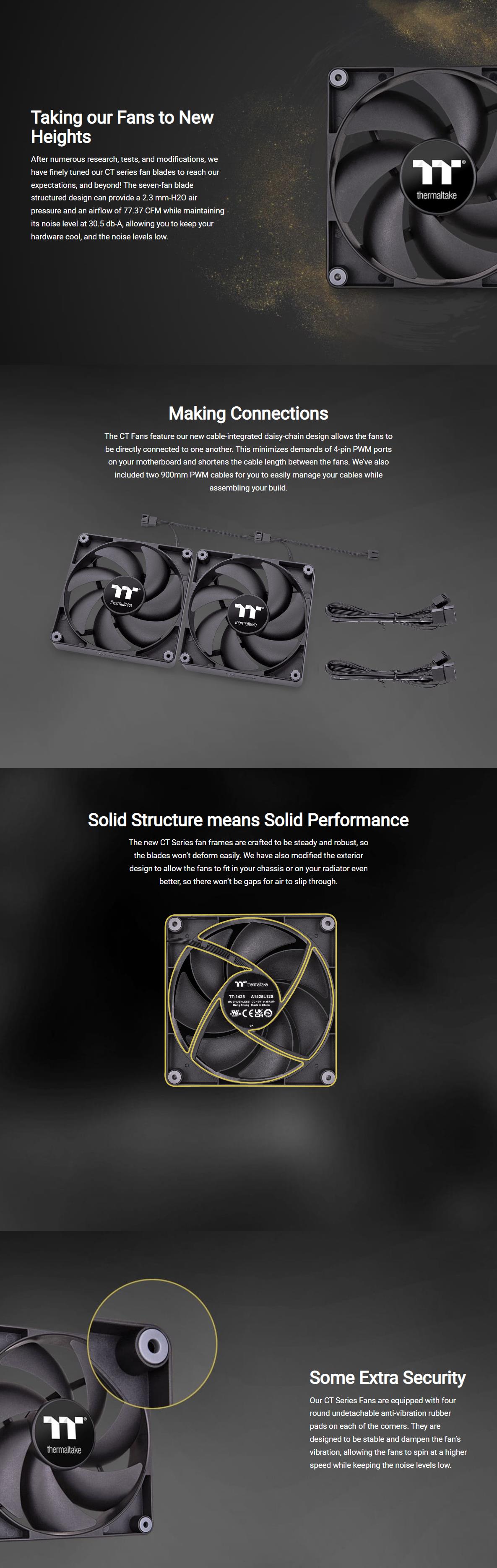 A large marketing image providing additional information about the product Thermaltake CT140 - 140mm PWM Cooling Fan (2 Pack) - Additional alt info not provided