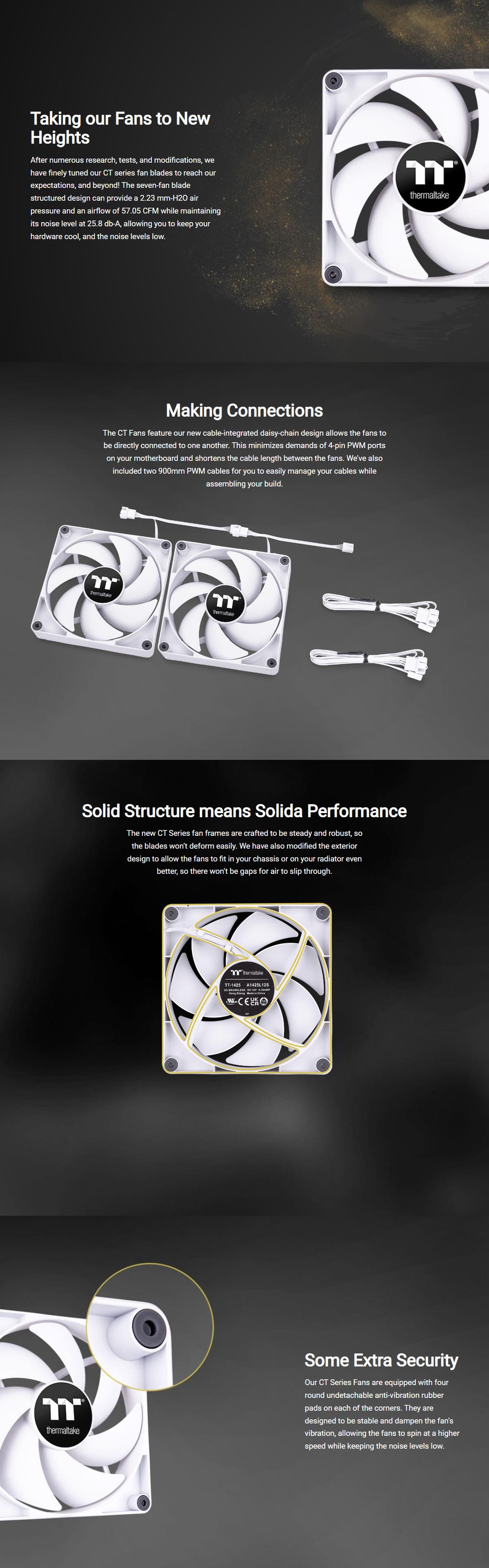 A large marketing image providing additional information about the product Thermaltake CT140 - 140mm PWM Cooling Fan (2 Pack, White) - Additional alt info not provided