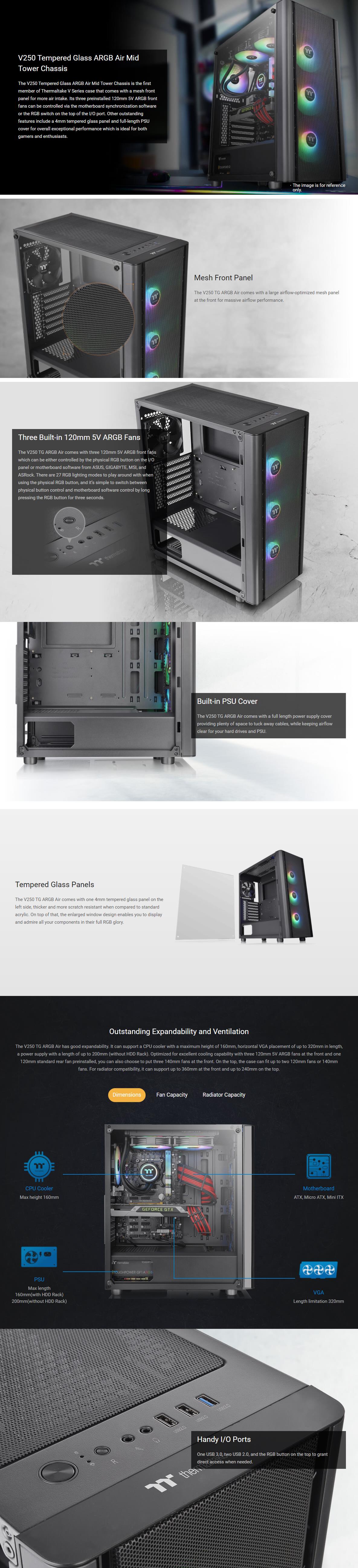 A large marketing image providing additional information about the product Thermaltake V250 Air - ARGB Mid Tower Case - Additional alt info not provided