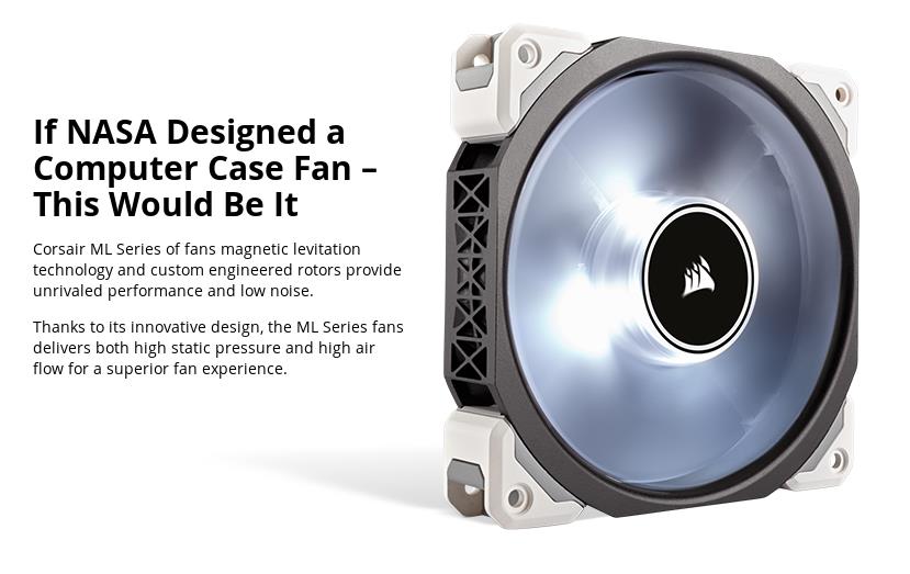 A large marketing image providing additional information about the product Corsair ML120 Pro 120mm Mag-Lev White LED Cooling Fan - Additional alt info not provided