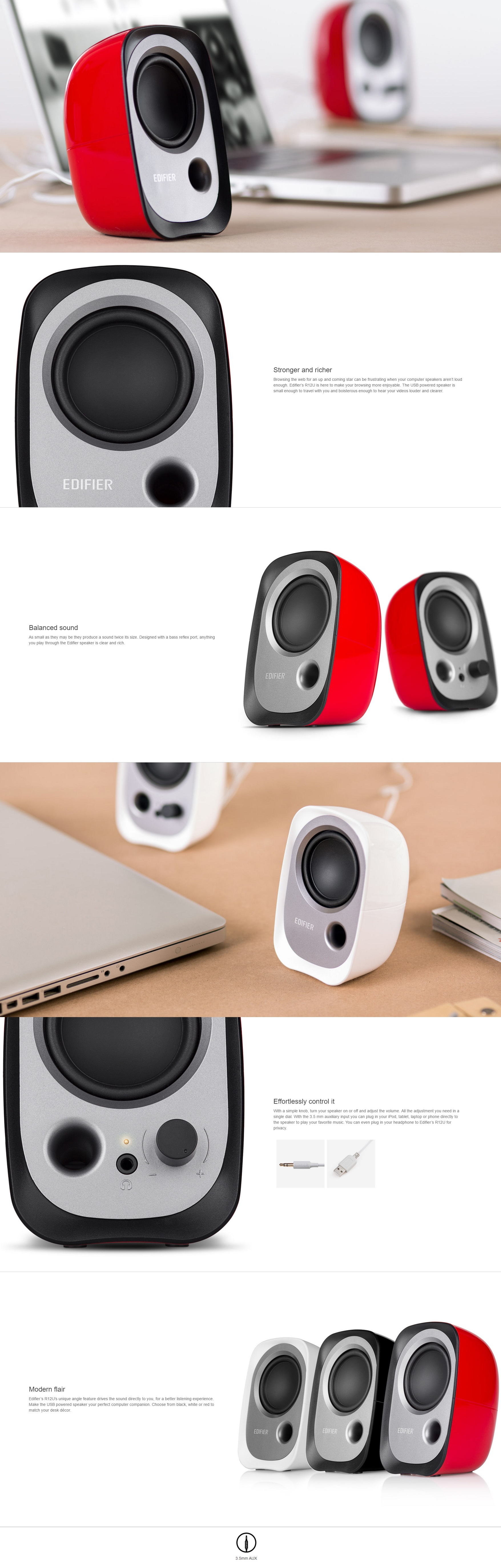 A large marketing image providing additional information about the product Edifier R12U 2.0 USB Speakers Black - Additional alt info not provided